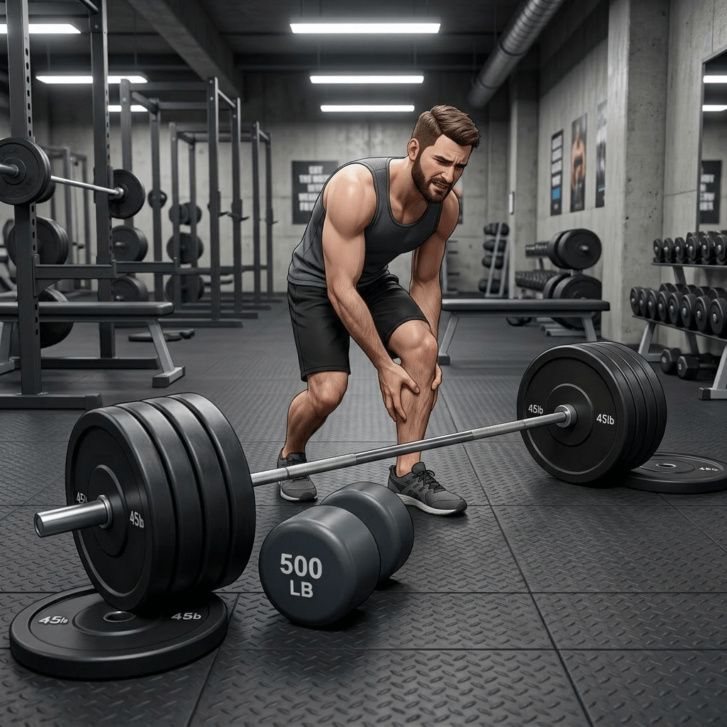 Weightlifter sitting on gym floor clutching shoulder in pain next to heavy barbell