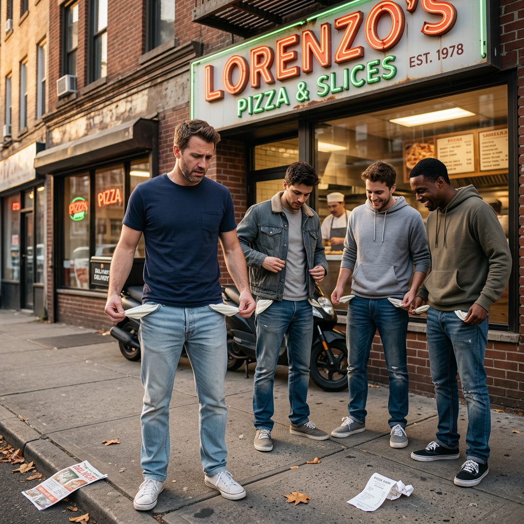 Four men outside a pizza shop showing empty pockets looking disappointed