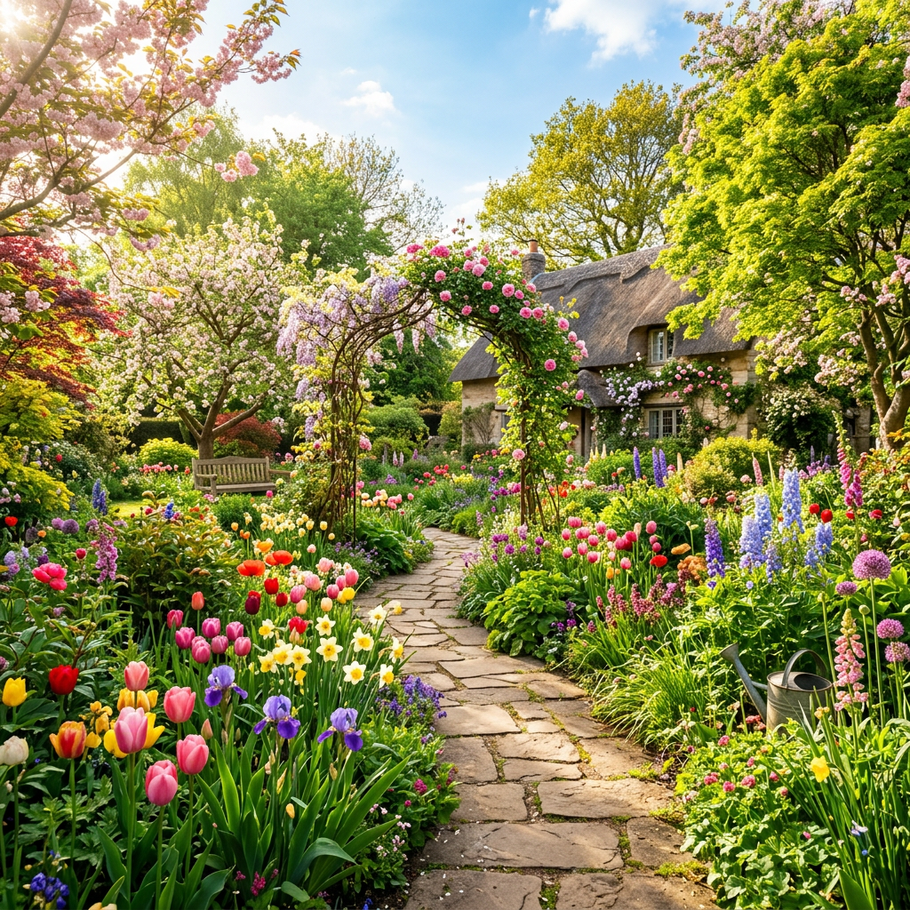 Stone pathway through colorful flower garden leading to cottage with thatched roof