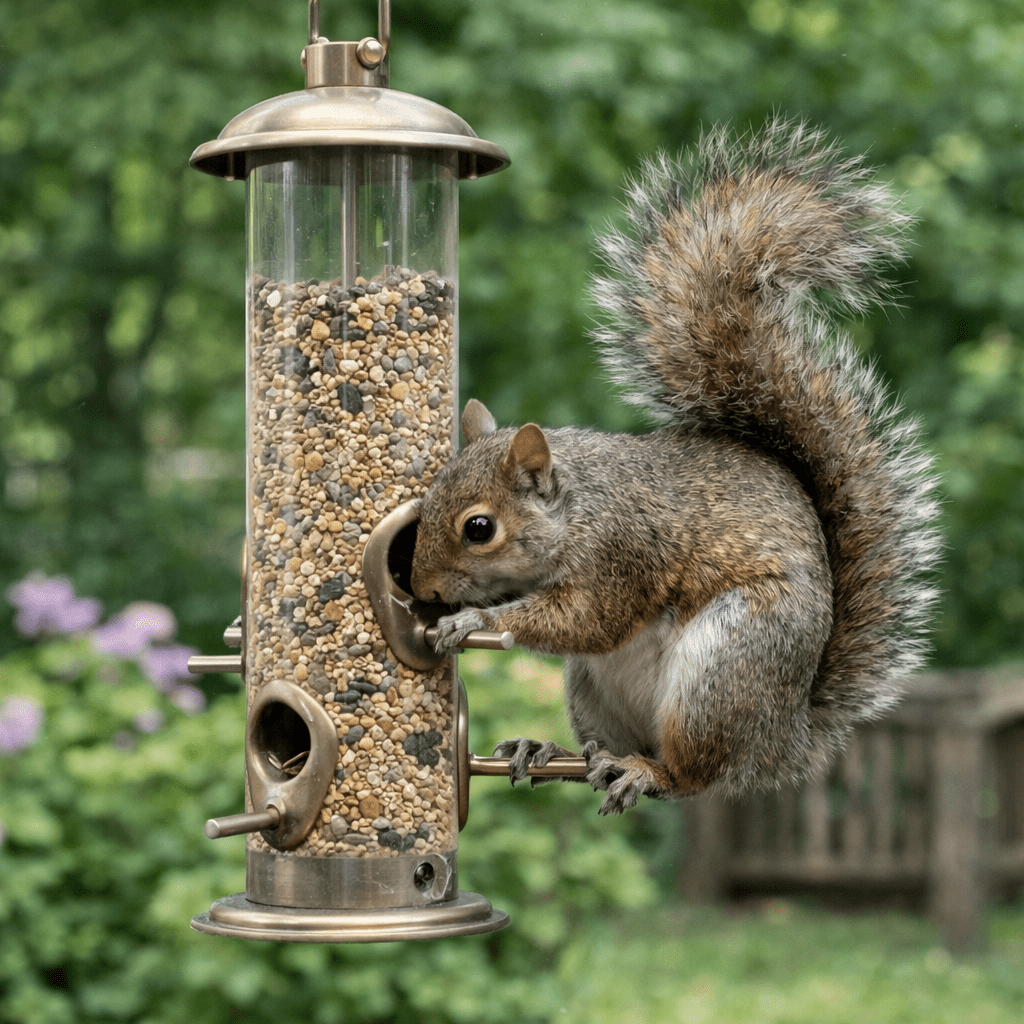 Squirrel eating seeds from a hanging garden bird feeder