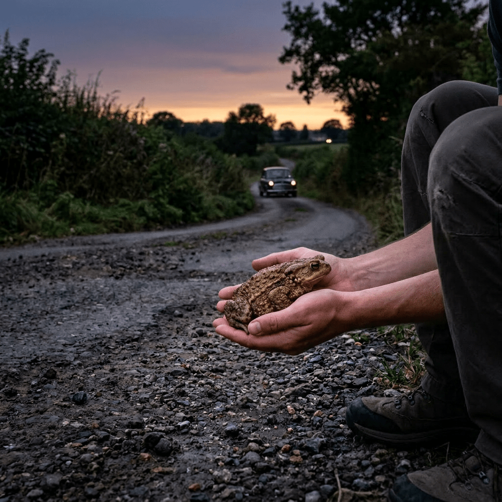 A brown toad sitting on a gravel path with bushes and trees on either side at dusk