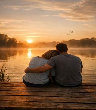 A couple sits close together on a wooden dock at sunset, looking out over a calm lake with golden light reflecting on the water.