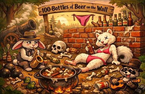 A chaotic cartoon scene of a drunk albino squirrel in a pink thong slumped against a wall, a crying rabbit playing saxophone, scattered beer bottles, and a bubbling stew pot in a woodland setting.