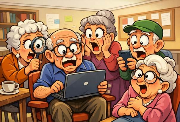 Cartoon seniors reacting to a scam on a laptop in a community room, humorous and expressive.