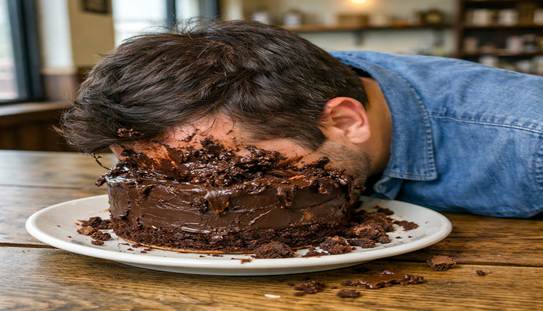 Man with his whole face devouring the chocolate cake