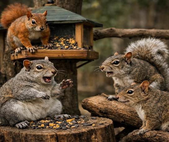 A realistic photo of four squirrels gathered around a backyard bird feeder, each with expressive body language. One plump squirrel gestures as if gossiping, while the others listen or react dramatically. The scene looks like a humorous “neighborhood drama” unfolding among the squirrels.