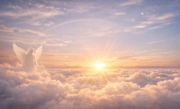 Angel silhouette over glowing clouds at sunrise — peaceful heavenly horizon scene.