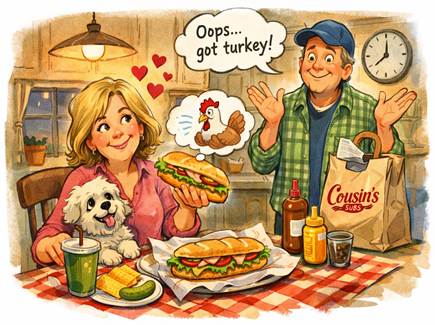 Kitchen scene with the sub sandwiches and husband an wife present