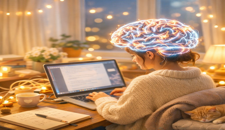 Woman in a cozy sweater typing on a laptop at a wooden desk, a softly glowing brain‑shaped light above her head connected by delicate wires. Warm fairy lights, a steaming mug, and a sleeping cat create a peaceful, whimsical atmosphere as she works late into the night.
