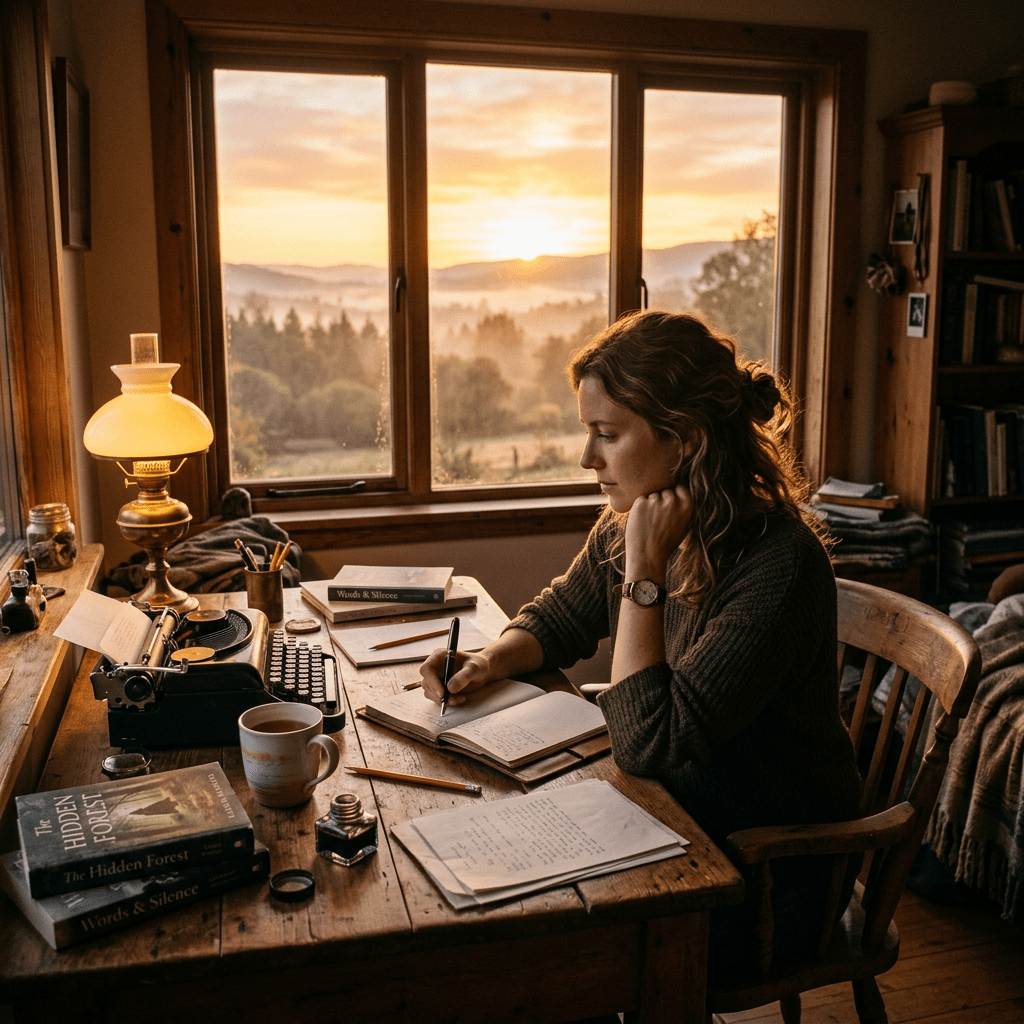 Woman writing in journal at wooden desk by window at sunrise