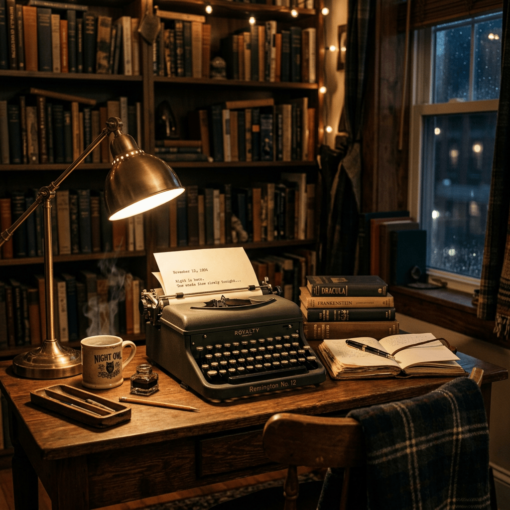 Vintage typewriter on wooden desk with books, lamp, coffee mug, and notebook