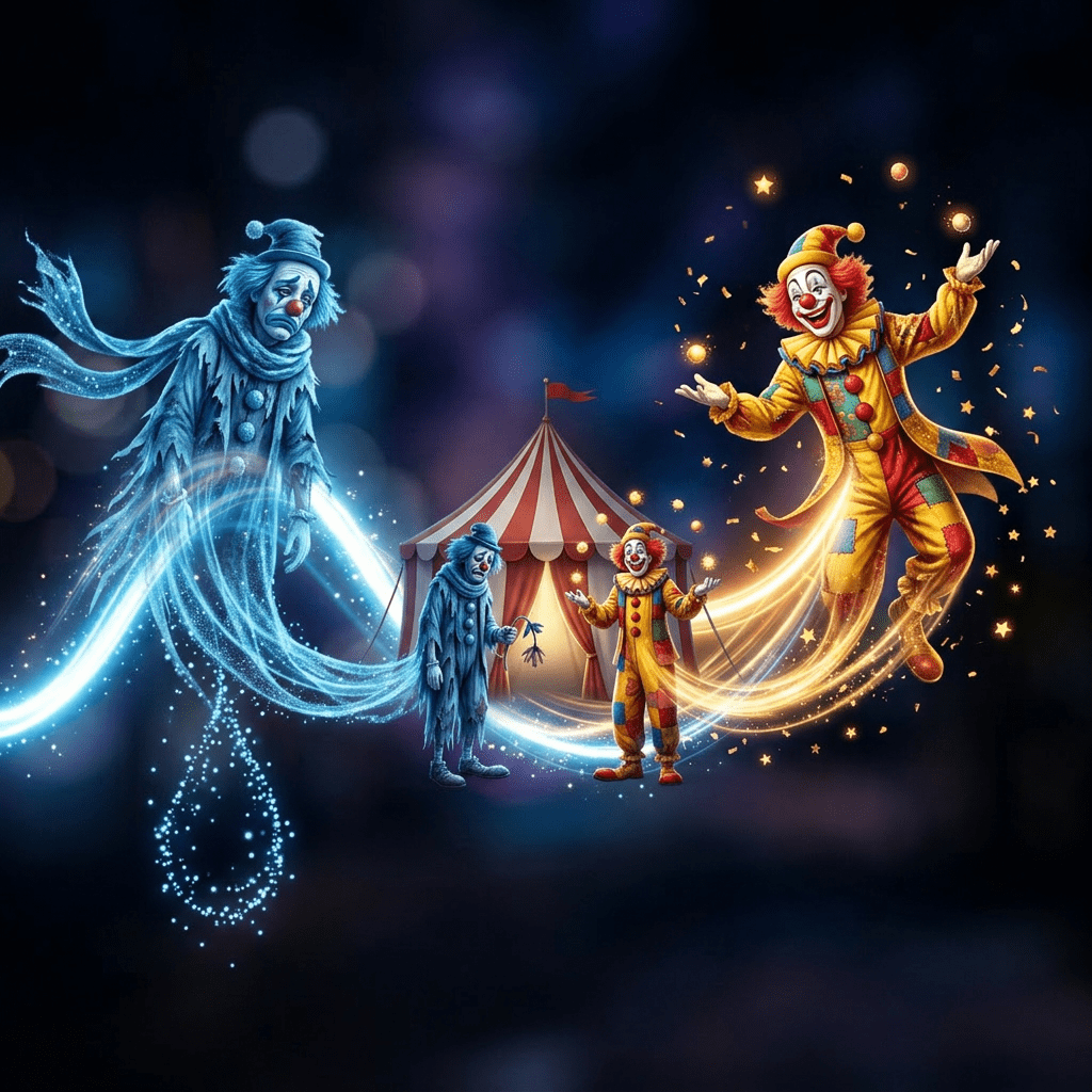 Blue and orange glowing light trails forming wave and smile shapes