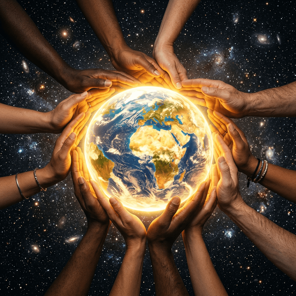 Multiple diverse hands forming a circle around a glowing Earth with star-filled space behind