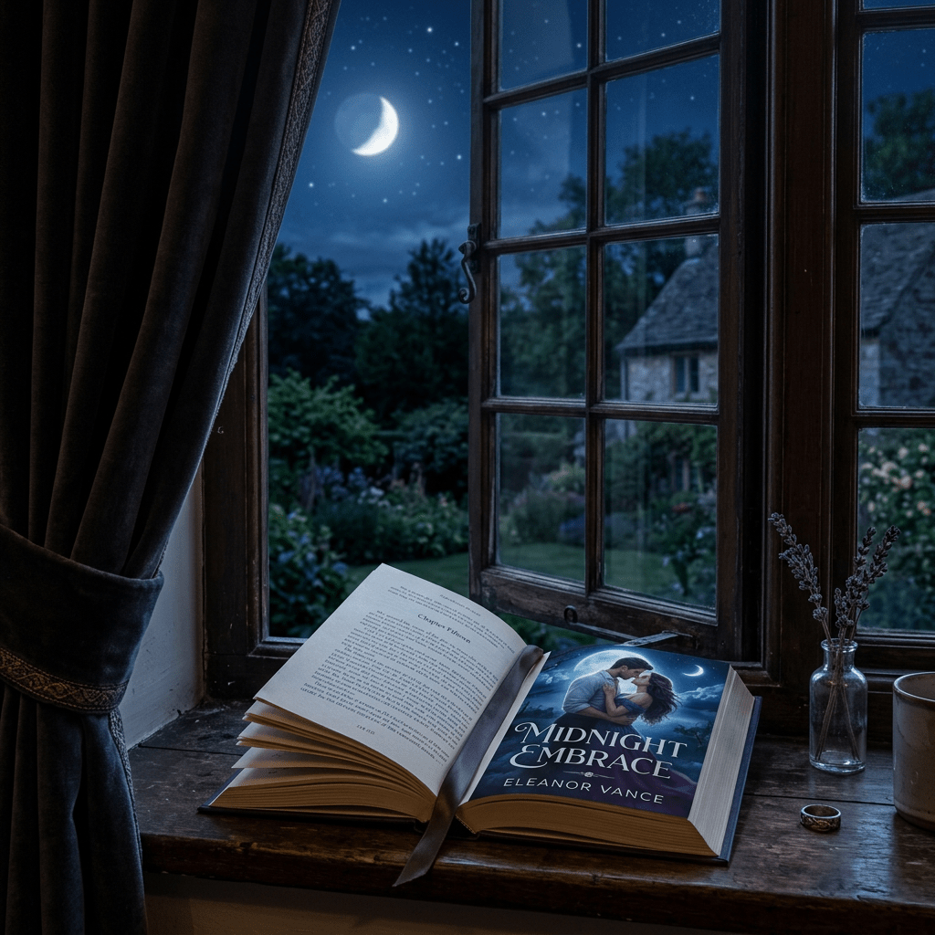 Open book titled Midnight Embrace by Eleanor Vance on a wooden windowsill at night