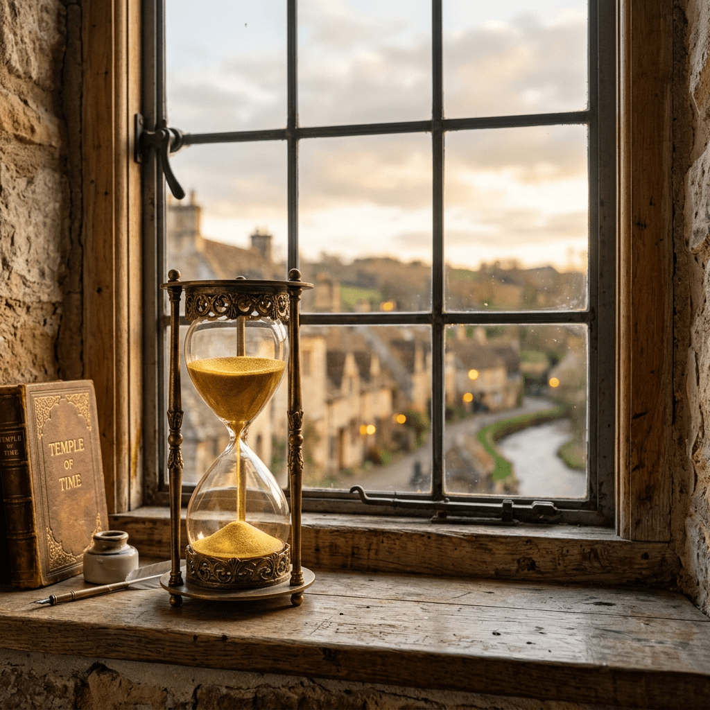 Antique hourglass with golden sand on wooden windowsill beside book and ink pot