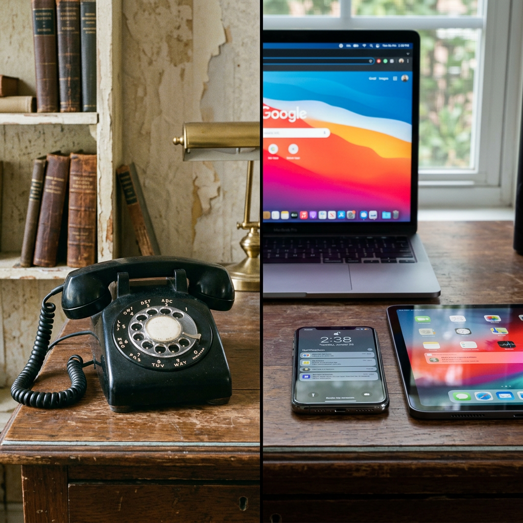 Old rotary phone next to modern smartphone, tablet, and laptop on a wooden desk