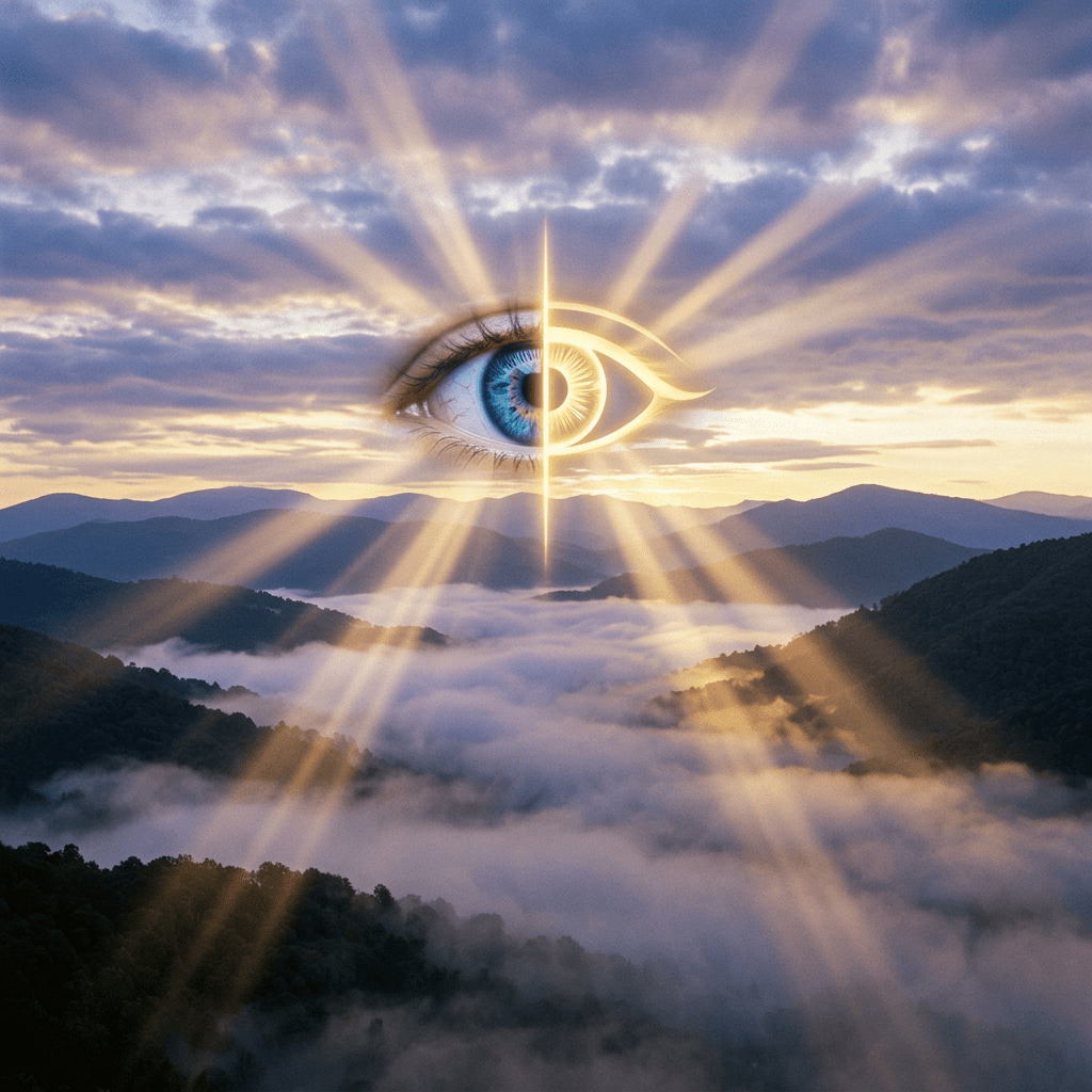 Glowing blue eye emitting beams of light over fog-covered mountains at sunrise