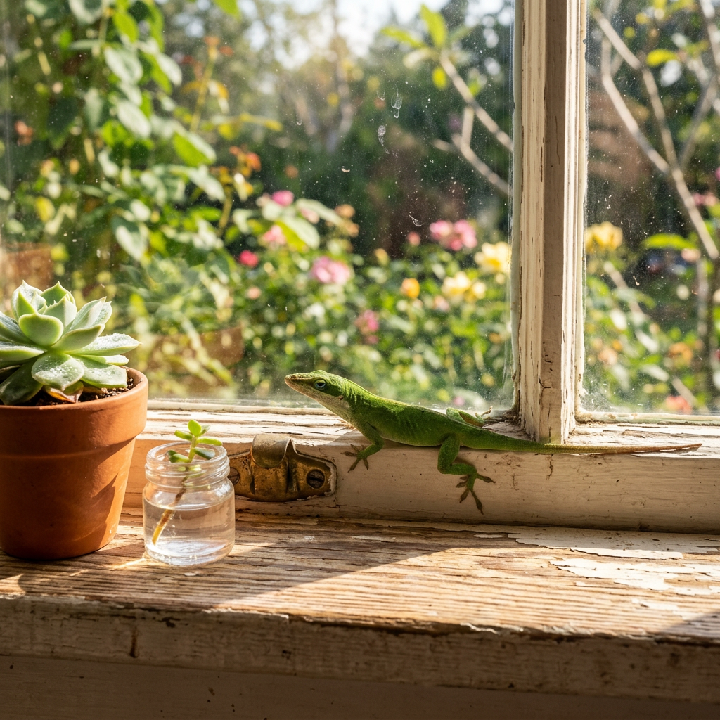 Green lizard on a wooden windowsill with potted succulent and small glass jar plant