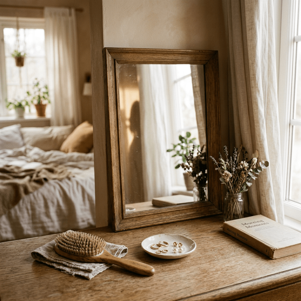 Wooden vanity table with mirror, dried flowers in jar, jewelry dish, hairbrush, and book
