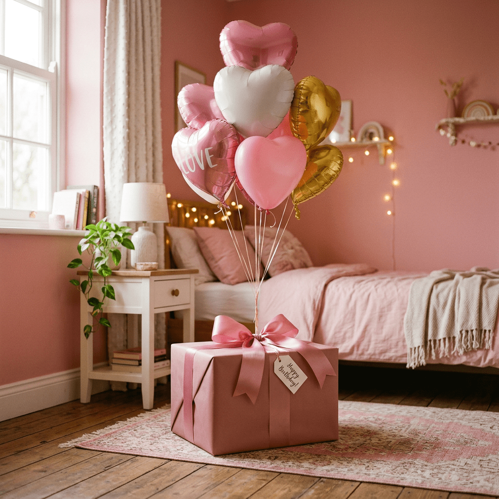 Pink gift box with a bow and heart-shaped balloons in a pink-themed bedroom
