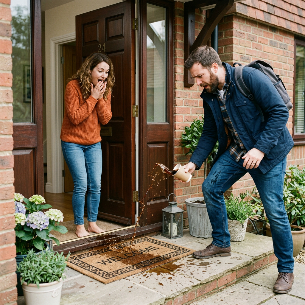 Man spilling coffee cup on doorstep with woman looking shocked