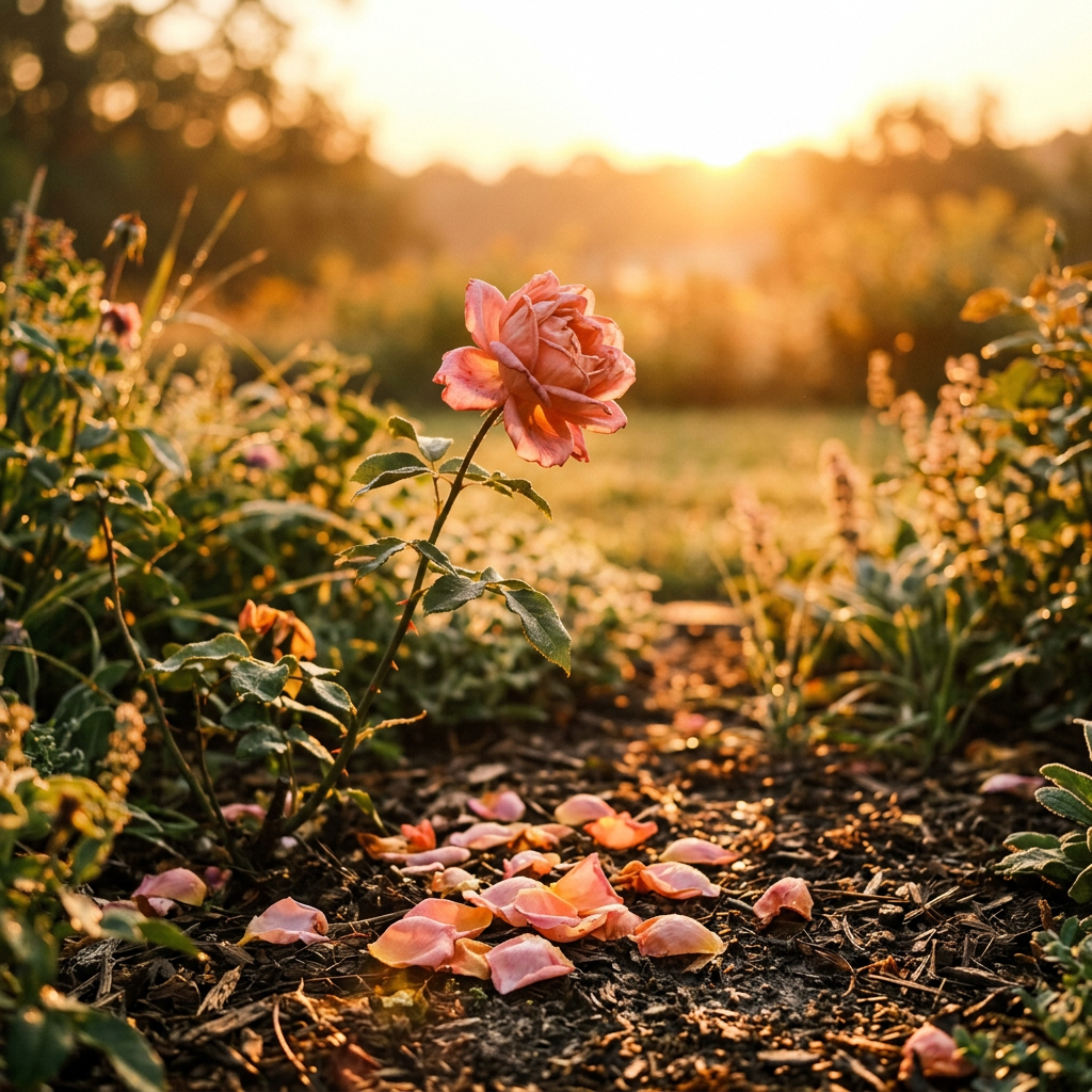 Single pink rose with fallen petals on soil under warm sunset light