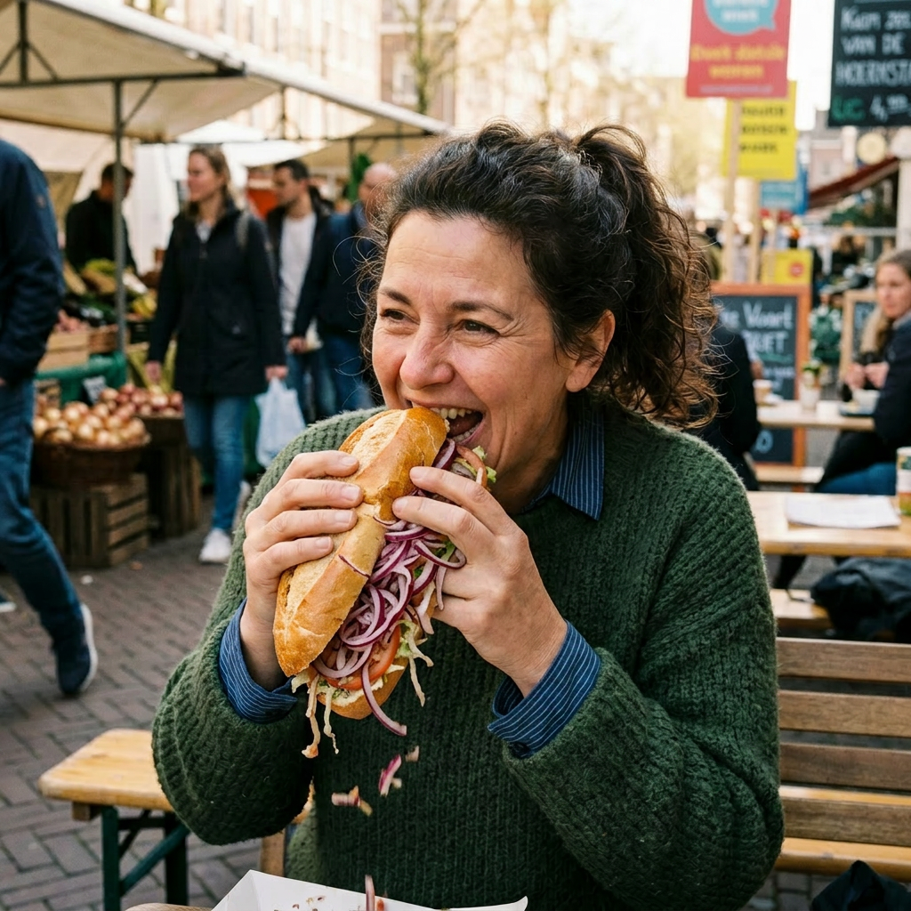 Woman in green sweater eating a large sandwich at an outdoor market