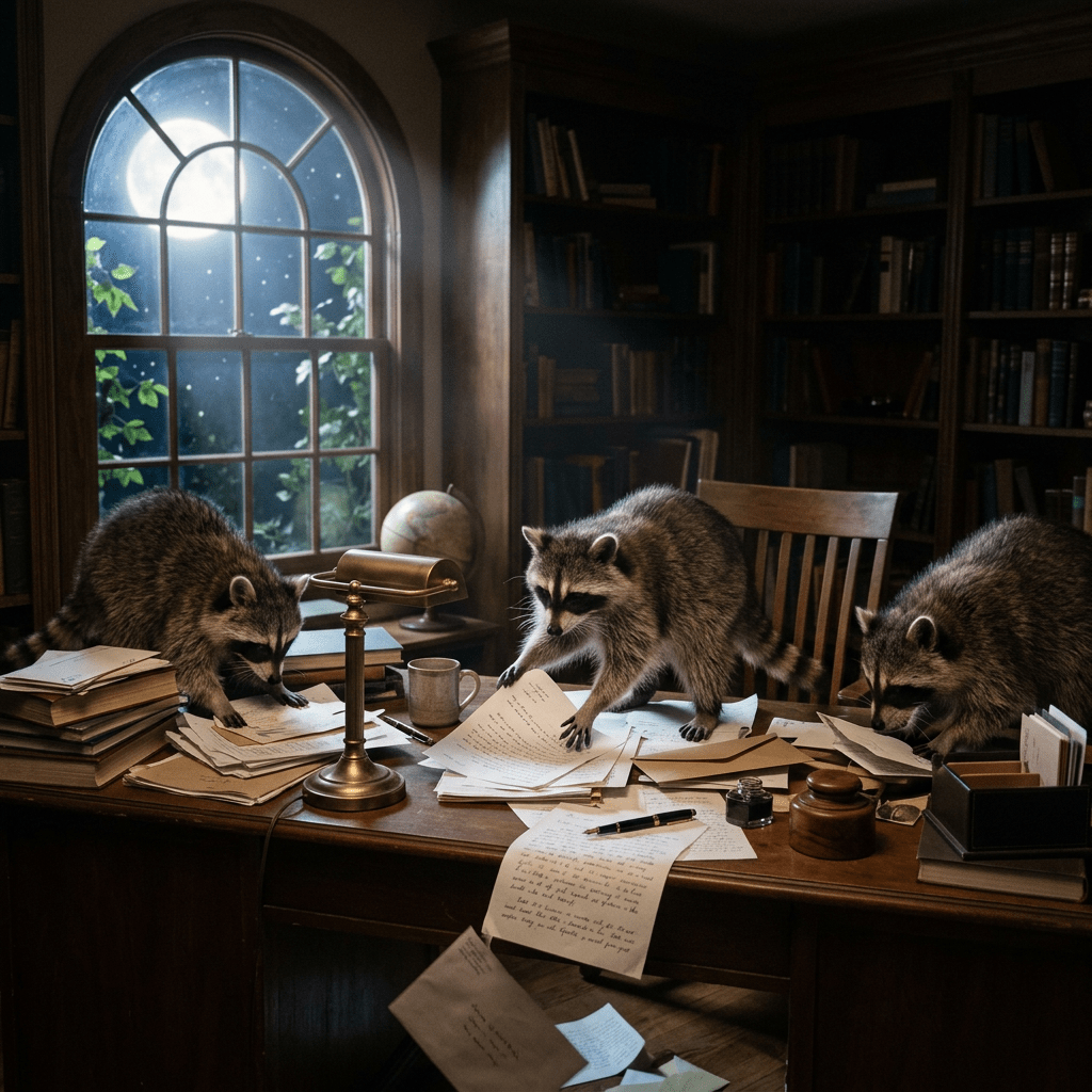 Three raccoons going through papers on a wooden desk in a dimly lit library at night