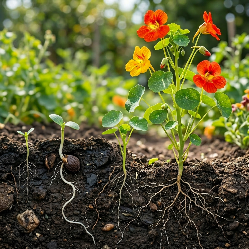Cross-section showing seed germination and mature nasturtium plant with roots and flowers
