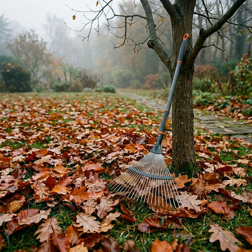 Wooden rake on green grass covered with fallen brown and orange autumn leaves