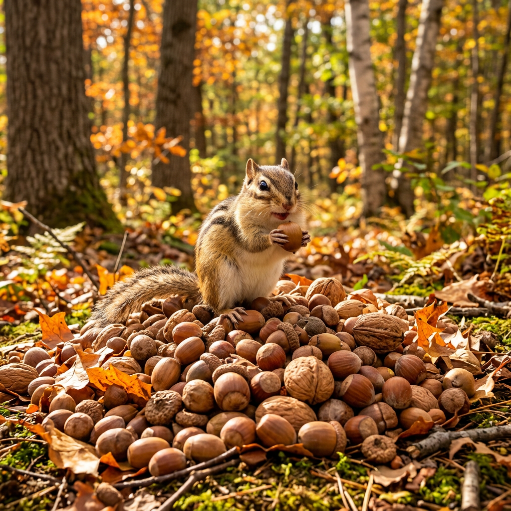 Chipmunk holding a nut while sitting on a pile of various nuts in a forest with autumn leaves