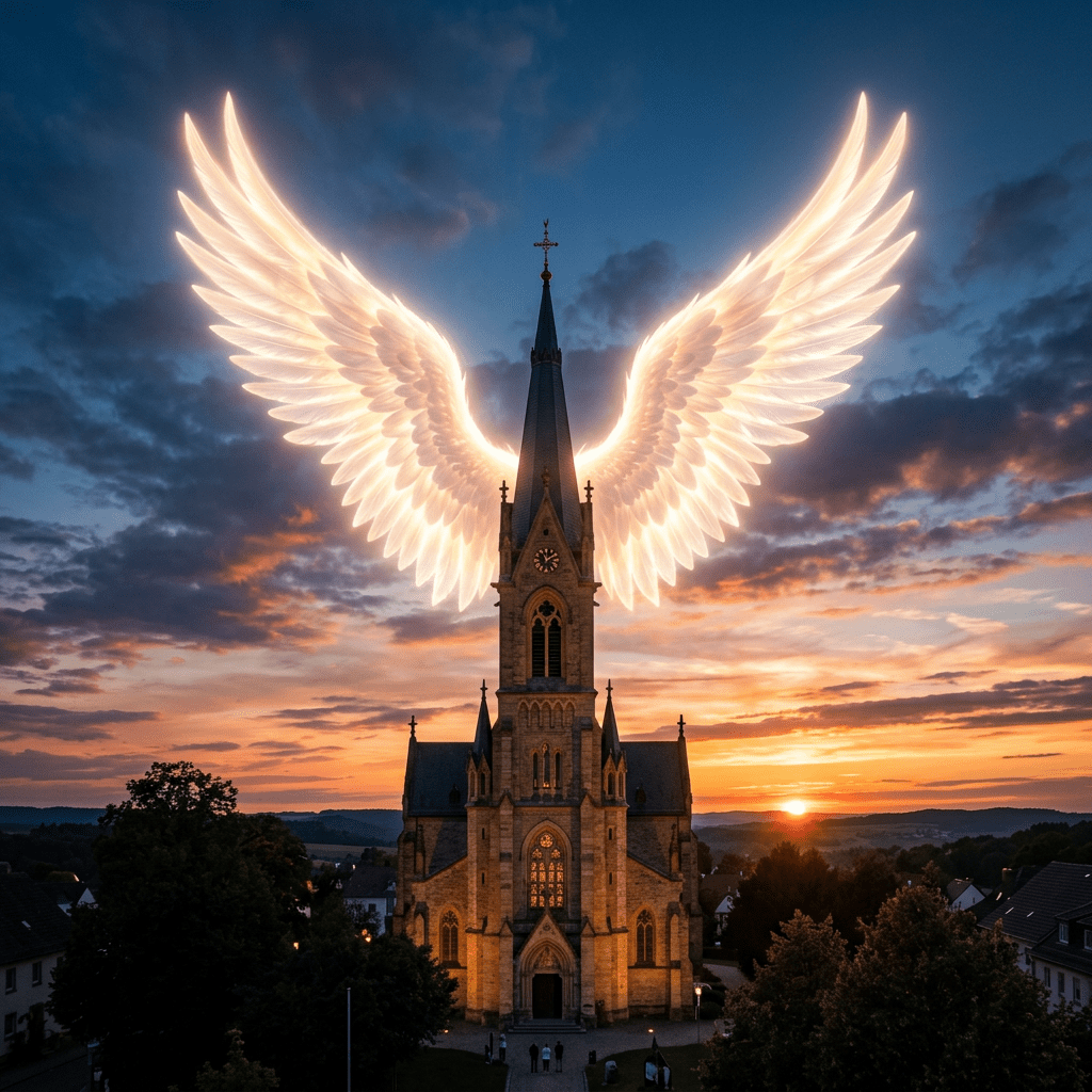 Church steeple with glowing angel wings against sunset sky
