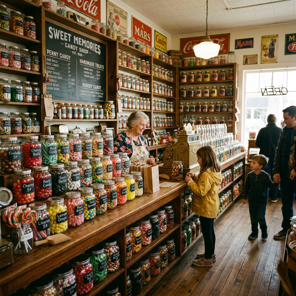 Interior of a vintage candy shop with jars of assorted colorful candies and a smiling shopkeeper serving a child