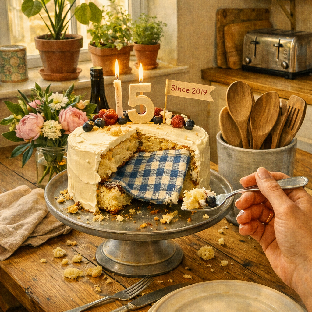 A cozy kitchen scene with a humorous twist: a frosted anniversary cake sits on a wooden table, sliced open to reveal a blue‑and‑white checkered hot pad accidentally baked between its layers. A hand holds a fork mid‑air with a bite of cake, crumbs scattered around, while soft sunlight and flowers add warmth to the moment.