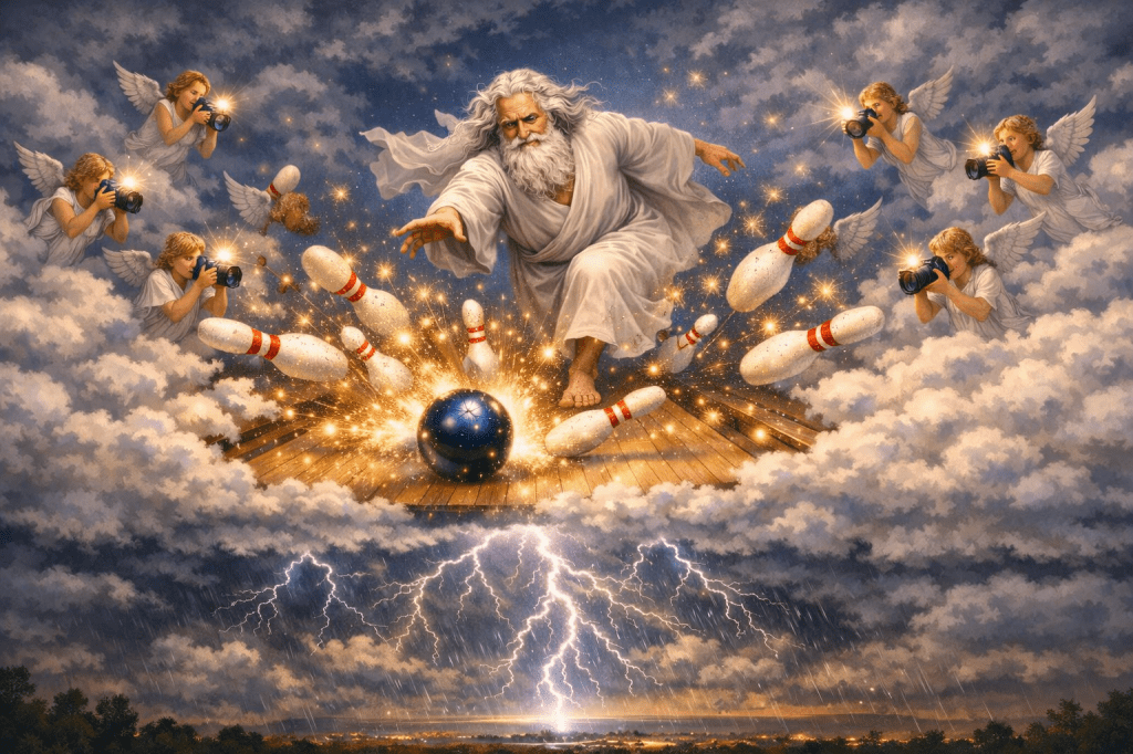 A fantasy scene of God bowling on a cloud top lane, angels taking photos with bright flashes, and lightning bolts striking beneath the clouds as the ball hits the pins.