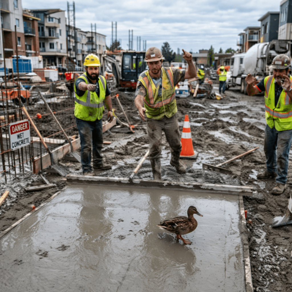 Three construction workers directing a duck off wet concrete at a construction site