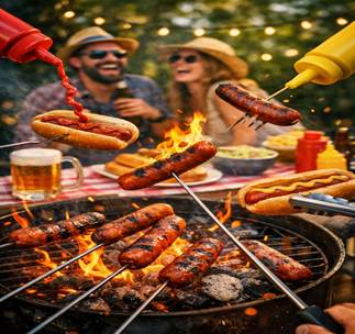 Hot dogs sizzling and flying over a fiery grill while mustard squirts like a poker — a playful backyard barbecue scene.