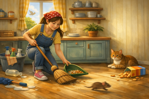 Little girl with a broom and dustpan doing a chore