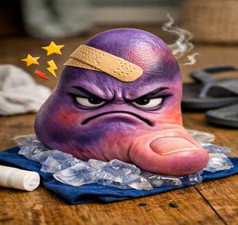 A comically swollen purple big toe with a grumpy face, band‑aid, and ice pack, surrounded by flip‑flops and pain‑stars — a humorous visual for the poem: "Crash Landed: Missed the Marshmallow."