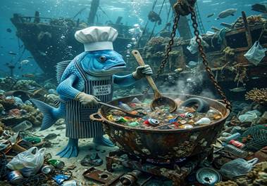 Chef Blue‑Gill cooking ocean trash in a cauldron