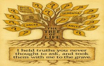 A glowing Tree of Life with roots and DNA spiraling upward, symbolizing family history, generational knowledge, and the passing of wisdom.
