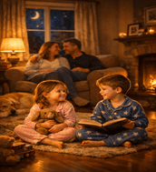 A cozy living room at night with two children in pajamas playing quietly on the floor while their parents relax on the sofa behind them. Soft lamplight and a peaceful atmosphere reflect the poem’s theme of bedtime routines and evening calm.
