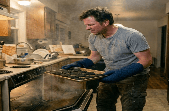 Man taking out burnt cookies from an oven in a kitchen filled with smoke