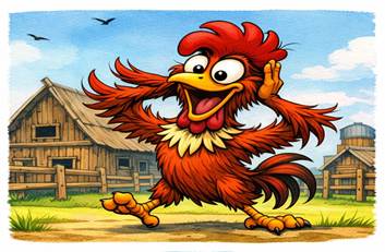 Two cartoon roosters on a farm — one excitedly flapping his wings near a barn, and one slyly scratching his head beside a haystack.