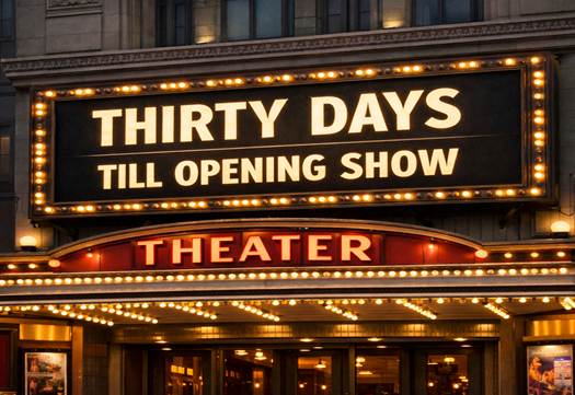 A vintage theater at twilight with a bright billboard reading “Thirty Days Till Opening Show.” The illuminated marquee represents anticipation, stress, and hope before a big event, echoing the poem’s theme of endurance and faith.