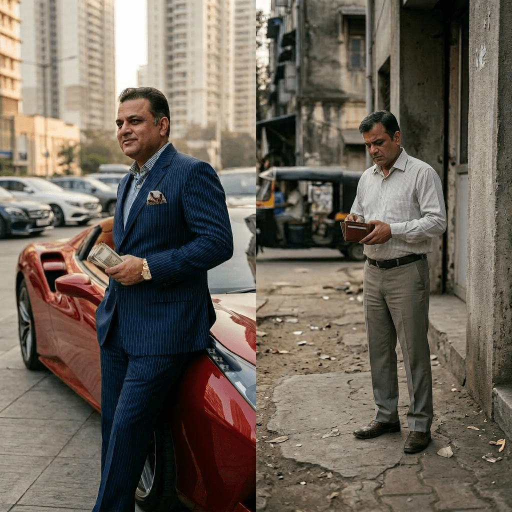 Well-dressed man with money beside luxury car; homeless man sitting on sidewalk with bowl