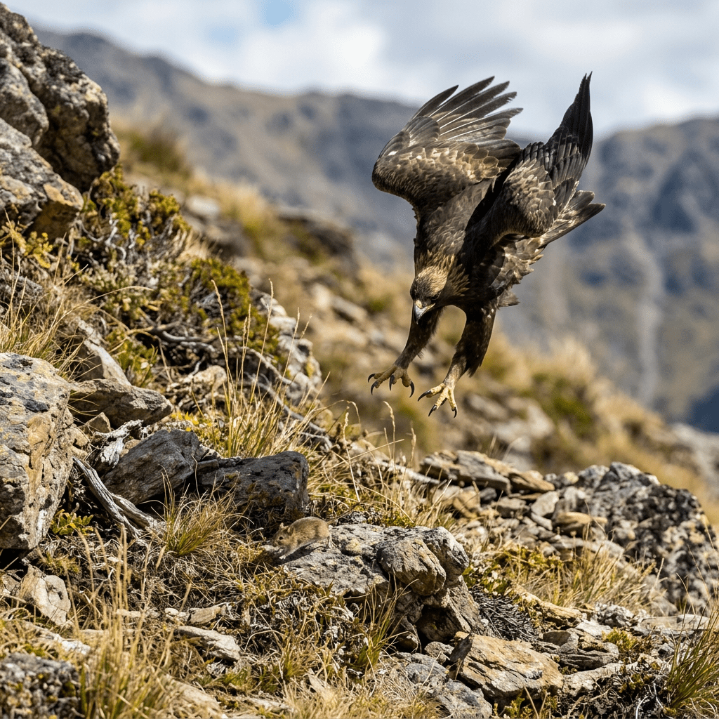 Golden eagle descending with talons extended toward a mouse on rocky ground