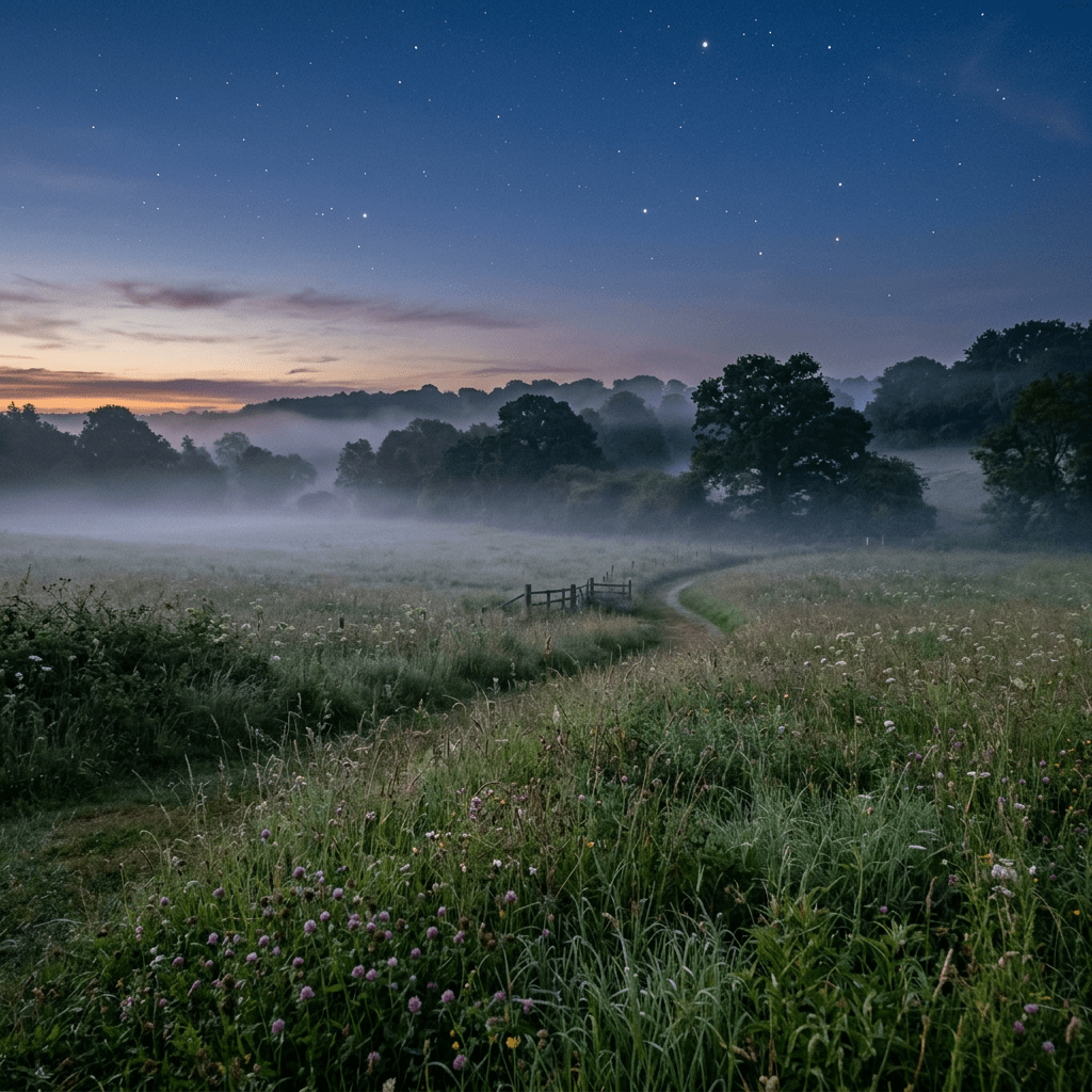Winding path through a mist-covered meadow with trees and early dawn light