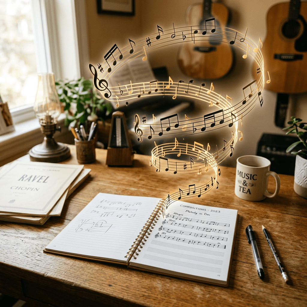 Open notebook with handwritten sheet music and floating musical notes above a wooden desk with music books, pens, mug, and guitars in background