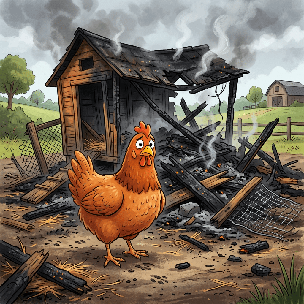 A distressed chicken stands before a smoky, charred remains of a wooden chicken coop outdoors.